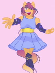 Size: 768x1024 | Tagged: safe, artist:ghsjaaaaa, scootaloo, oc, oc only, oc:ponytale scootaloo, anthro, comic:ponytale, g4, blue dress, clothes, dress, female, hair over one eye, outertale, outertale scootaloo, outstretched arms, pink background, simple background, smiling, solo