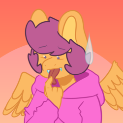 Size: 3500x3500 | Tagged: safe, artist:calpico-crisis, scootaloo, oc, oc only, oc:ponytale scootaloo, pegasus, anthro, comic:ponytale, g4, abstract background, clothes, fangs, female, hand, high res, hoodie, long tongue, simple background, solo, sweat, sweatdrop, tongue out