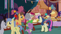 Size: 1920x1080 | Tagged: safe, screencap, applejack, bon bon, caramel, goldengrape, millie, rarity, roseluck, sir colton vines iii, spike, sweetie drops, dragon, earth pony, pony, g4, the maud couple, chewing, eating, female, food, male, mare, pie, pies, stallion