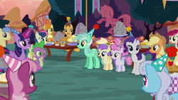 Size: 1920x1080 | Tagged: safe, screencap, alula, applejack, caramel, carrot top, cheerilee, cotton puff, golden harvest, goldengrape, linky, lyra heartstrings, pluto, rarity, roseluck, shoeshine, sir colton vines iii, spike, twilight sparkle, alicorn, pony, g4, the maud couple, apple, cake, cupcake, food, hat, party, party hat, pies, rock, statue, table, tree, twilight sparkle (alicorn)