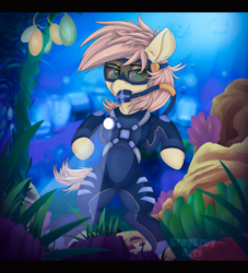 Size: 2500x2750 | Tagged: dead source, safe, artist:kreykreyarts, oc, oc only, oc:amity, earth pony, pony, semi-anthro, bipedal, building, crepuscular rays, dive mask, diving, earth pony oc, female, flashlight (object), fruit, goggles, grass, green eyes, habitat, high res, mare, nettle, observatory, scuba diving, scuba gear, solo, subnautica, tail, underwater, wetsuit