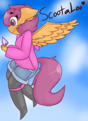 Size: 983x1347 | Tagged: safe, artist:luckydestinyheart, scootaloo, oc, oc only, oc:ponytale scootaloo, pegasus, anthro, comic:ponytale, g4, anatomically incorrect, female, flying, heart, incorrect leg anatomy, sky, solo, soul, wings