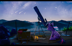 Size: 3508x2261 | Tagged: safe, artist:yvt-jp, twilight sparkle, alicorn, pony, g4, book, candle, chest, female, frown, high res, horn, inkwell, lojban, looking up, mare, night, outdoors, quill, scenery, scenery porn, shooting star, shooting stars, sitting, sky, solo, stargazing, stars, telescope, twilight sparkle (alicorn), wavy mouth, wide eyes, windswept mane, wings