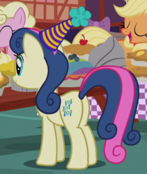 Size: 533x632 | Tagged: safe, screencap, applejack, bon bon, millie, sweetie drops, earth pony, pony, g4, the maud couple, background pony, bon butt, bow, butt, cropped, eyes closed, female, food, hat, mare, party hat, pie, plot, smiling