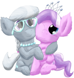 Size: 1544x1623 | Tagged: safe, artist:firefanatic, diamond tiara, silver spoon, villains of equestria collab, g4, big ears, crown, cute, fluffy, glasses, hug, jewelry, necklace, ponytail, regalia, simple background, transparent background