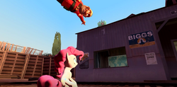 Size: 637x313 | Tagged: safe, artist:thatgraycartoonpony, pinkie pie, g4, 3d, cake, crossover, food, gmod, pinkie pie finds a cake, soldier, soldier (tf2), team fortress 2