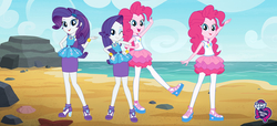 Size: 2304x1053 | Tagged: safe, pinkie pie, rarity, equestria girls, fashion photo booth, g4, my little pony equestria girls: better together, beach, duality, equestria girls logo, geode of sugar bombs