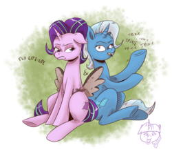 Size: 1198x1052 | Tagged: safe, artist:saturdaymorningproj, starlight glimmer, trixie, pony, unicorn, g4, derp, duo, fake wings, female, horn, mare, pokémon, simple background, transparent background