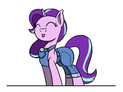 Size: 1800x1350 | Tagged: safe, artist:flutterluv, starlight glimmer, mouse, pony, unicorn, g4, :p, clothes, cute, eyes closed, female, glimmerbetes, happy, horn, mare, overalls, silly, simple background, smiling, solo, tongue out, white background