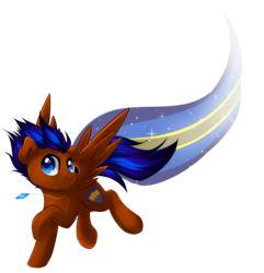 Size: 2304x2393 | Tagged: safe, alternate version, artist:agletka, oc, oc only, oc:nimble wing, pegasus, pony, flying, high res, jewelry, male, necklace, raised hoof, simple background, solo, spread wings, trail, transparent background, wings
