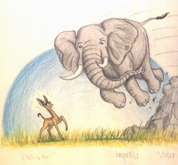 Size: 1040x964 | Tagged: safe, artist:thefriendlyelephant, oc, oc:nuk, oc:obi, antelope, elephant, gerenuk, animal in mlp form, derp, grass, rock, speed lines, this will end in pain, traditional art