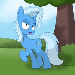 Size: 1980x1980 | Tagged: safe, alternate version, artist:moonatik, trixie, pony, g4, bush, female, looking at you, raised hoof, sky, solo, tree