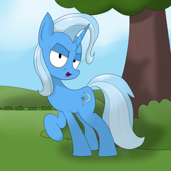 Size: 1980x1980 | Tagged: safe, alternate version, artist:moonatik, trixie, pony, g4, female, looking at you, raised hoof, solo, tree