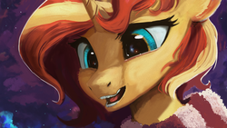 Size: 1920x1080 | Tagged: dead source, safe, artist:hierozaki, sunset shimmer, pony, unicorn, g4, close-up, clothes, female, looking at you, mare, open mouth, scarf, solo, winter
