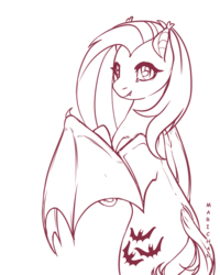 Size: 1512x1890 | Tagged: safe, artist:i-just-mari, fluttershy, bat pony, pony, g4, female, flutterbat, lineart, monochrome, race swap, simple background, solo, transparent background