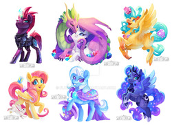 Size: 1024x742 | Tagged: safe, artist:flying-fox, angel bunny, fluttershy, princess luna, princess skystar, rarity, shelldon, shelly, spike, tempest shadow, trixie, alicorn, butterfly, classical hippogriff, earth pony, hippogriff, pegasus, pony, rabbit, unicorn, g4, my little pony: the movie, adult, adult spike, armor, cape, clothes, crown, female, hat, jewelry, looking at you, male, mare, older, older spike, regalia, ship:sparity, shipping, simple background, straight, trixie's cape, trixie's hat, watermark, white background