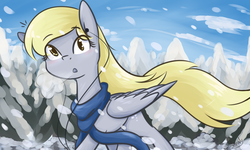 Size: 1280x768 | Tagged: safe, alternate version, artist:lilliesinthegarden, derpy hooves, pegasus, pony, g4, :o, clothes, earbuds, female, looking at you, mare, open mouth, scarf, snow, snowfall, solo, tree, winter