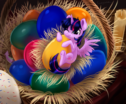 Size: 4472x3680 | Tagged: safe, artist:taneysha, spike, twilight sparkle, alicorn, pony, g4, basket, candle, cute, easter, easter basket, easter egg, female, frog (hoof), holiday, horn, mare, micro, one eye closed, solo, tiny ponies, twiabetes, twilight sparkle (alicorn), underhoof, wings