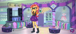 Size: 1152x526 | Tagged: safe, artist:artofmagicpoland, sunset shimmer, equestria girls, fashion photo booth, g4, my little pony equestria girls: better together, official, clothes, cosplay, costume, cutie mark on clothes, equestria girls logo, female, game, hasbro, implied lesbian, implied sci-twi, implied scitwishimmer, implied shipping, implied twilight sparkle, sci-twi skirt, skirt