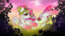 Size: 1280x720 | Tagged: safe, artist:cactus_kun, oc, oc only, oc:watermelana, pony, flying, freckles, gradient hooves, moon, night, solo, stars