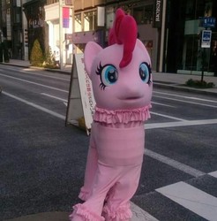 Size: 719x731 | Tagged: safe, pinkie pie, g4, clothes, costume, irl, japan, japanese pinkie pie costume, nightmare fuel, photo, ponysuit, quadsuit, sign, why