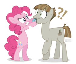 Size: 960x810 | Tagged: safe, artist:dm29, mudbriar, pinkie pie, earth pony, pony, g4, the maud couple, angry, belly, bipedal, confused, duo, exclamation point, force feeding, geode, question mark, raised hoof, simple background, transparent background, vector