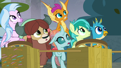 Size: 1280x720 | Tagged: safe, screencap, gallus, ocellus, sandbar, silverstream, smolder, yona, changedling, changeling, classical hippogriff, dragon, earth pony, griffon, hippogriff, pony, yak, g4, school daze, female, male, stallion, student six