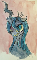 Size: 1271x2048 | Tagged: safe, artist:awk44, queen chrysalis, changeling, changeling queen, g4, female, looking at you, solo, traditional art