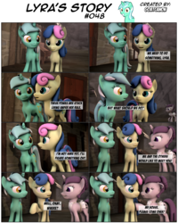 Size: 3929x4905 | Tagged: safe, artist:goatcanon, bon bon, lyra heartstrings, sugar belle, sweetie drops, comic:lyra's story, g4, 3d, comic, equal cutie mark, grin, our town, smiling, source filmmaker, starlight's village