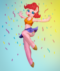 Size: 1700x2000 | Tagged: safe, artist:foxyghost, pinkie pie, earth pony, anthro, unguligrade anthro, g4, :p, armpits, clothes, cute, diapinkes, female, fun, legs, mare, moe, ponk, silly, skirt, skirt lift, solo, tank top, tongue out