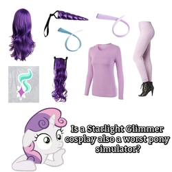 Size: 1386x1386 | Tagged: safe, edit, starlight glimmer, sweetie belle, human, pony, unicorn, g4, abuse, clothes, cosplay, costume, drama, female, glimmerbuse, hair, image macro, implied starlight glimmer, legs, meme, modular, mouthpiece, op is a duck, op is trying to start shit, op isn't even trying anymore, question, shoes, simple background, solo, starlight drama, sticker, thinking, white background, worst pony