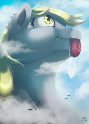 Size: 923x1280 | Tagged: safe, artist:xaneas, derpy hooves, bird, pony, g4, cloud, drool, female, giant derpy hooves, giant pegasus, giant pony, macro, mare, tongue out