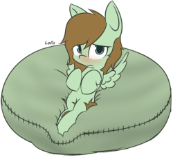Size: 2370x2288 | Tagged: safe, artist:lofis, oc, oc only, oc:mint chocolate, pegasus, pony, beanbag chair, blushing, embarrassed, female, high res, looking at you, lying down, lying on beanbag, mare, sexy, simple background, solo, spread wings, text, transparent background, wings