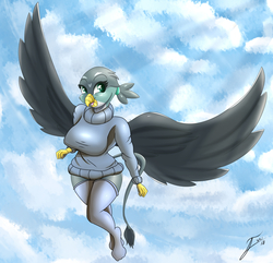 Size: 3759x3629 | Tagged: safe, artist:nexcoyotlgt, gabby, griffon, anthro, g4, breasts, busty gabby, clothes, cute, female, high res, socks, solo, stockings, stupid sexy gabby, sweater, thigh highs, wings
