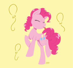 Size: 1243x1160 | Tagged: safe, artist:imaplatypus, part of a set, pinkie pie, earth pony, pony, g4, balloon, cutie mark background, eyes closed, female, mare, raised hoof, simple background, smiling, solo, tongue out, turned head, yellow background
