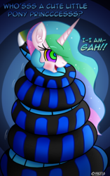 Size: 768x1226 | Tagged: safe, artist:snakeythingy, princess celestia, oc, oc:sarrl, snake, g4, blushing, coiling, coils, dialogue, drool, gradient background, kaa eyes, mind control, story included