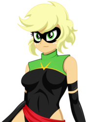 Size: 636x880 | Tagged: safe, artist:rosemile mulberry, applejack, equestria girls, g4, alternate hairstyle, clothes, equestrian city, female, freckles, impervia, mask, ms. marvel, simple background, solo, superhero, white background