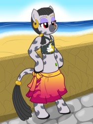 Size: 3000x4000 | Tagged: safe, artist:theonewithoutaname, oc, oc only, oc:desta, zebra, semi-anthro, arm hooves, beach, belly button, belly piercing, bellyring, bikini, bikini top, bipedal, breasts, chestbreasts, clothes, clothes swap, clothing theft, colored hooves, delicious flat chest, ear piercing, earring, eyebrow piercing, female, foal, implied sunset shimmer, jewelry, nose piercing, nose ring, ocean, piercing, red eyes, sarong, skirt, solo, summer, summer sunset, swimsuit, swimsuit swap, tail, tail wrap, zebra oc