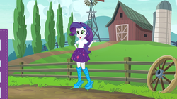 Size: 2208x1242 | Tagged: safe, rarity, equestria girls, fashion photo booth, g4, my little pony equestria girls: better together, barn, boots, clothes, female, fence, high heel boots, open mouth, sci-twi skirt, shoes, silo, skirt, solo, wheel, windmill, wrong eye color