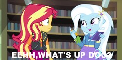 Size: 1024x507 | Tagged: safe, sunset shimmer, trixie, equestria girls, equestria girls specials, g4, my little pony equestria girls: better together, my little pony equestria girls: forgotten friendship, barrette, bugs bunny, carrot, food, looney tunes, male, meme