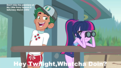 Size: 1024x577 | Tagged: safe, edit, edited screencap, screencap, sci-twi, timber spruce, twilight sparkle, equestria girls, g4, my little pony equestria girls: better together, unsolved selfie mysteries, binoculars, clothes, duo, duo male and female, female, glasses, lifeguard timber, male, meme, one-piece swimsuit, phineas and ferb, ponytail, sci-twi swimsuit, swimsuit