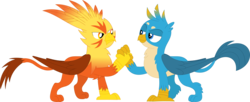 Size: 3588x1464 | Tagged: safe, artist:porygon2z, gallus, oc, oc:blaze, griffon, g4, school daze, clasped hands, duo, looking at each other, simple background, transparent background