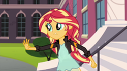 Size: 402x226 | Tagged: safe, edit, edited screencap, screencap, sunset shimmer, equestria girls, g4, my little pony equestria girls: friendship games, clothes, female, jacket, leather jacket, pregnant, pregnant edit, solo, teen pregnancy