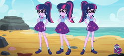 Size: 2304x1053 | Tagged: safe, sci-twi, twilight sparkle, equestria girls, fashion photo booth, g4, my little pony equestria girls: better together, beach, clothes, equestria girls logo, geode of telekinesis, glasses, multeity, one of these things is not like the others, rock, threelight sparkles, trilight, trio, twolight, water