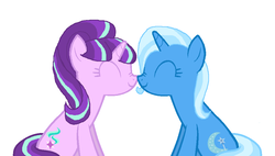 Size: 980x556 | Tagged: safe, artist:themexicanpunisher, starlight glimmer, trixie, pony, g4, boop, cute, duo, eyes closed, female, lesbian, mutual booping, noseboop, ship:startrix, shipping, simple background, sitting, smiling
