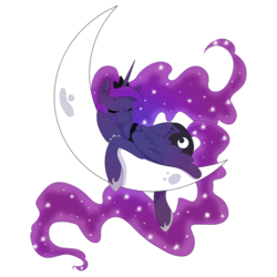 Size: 1000x1000 | Tagged: safe, artist:cckittycreative, princess luna, alicorn, pony, crescent moon, cute, ear fluff, ethereal mane, eyes closed, female, galaxy mane, gradient mane, lunabetes, mare, moon, purple mane, purple tail, simple background, sleeping, sleeping on moon, solo, sparkles, starry mane, starry tail, tail, tangible heavenly object, transparent background, wings