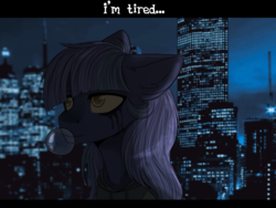 Size: 1400x1050 | Tagged: safe, artist:lazycloud, oc, oc only, pony, bubblegum, caption, city, female, food, gum, lights, makeup, mare, night, running makeup, skyline, solo