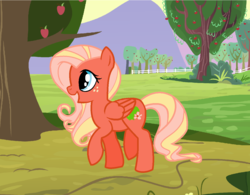 Size: 1240x968 | Tagged: safe, artist:aurora-light-x, oc, oc only, oc:apple blossom, pegasus, pony, apple, apple tree, daughter, female, fence, food, freckles, mare, offspring, parent:big macintosh, parent:fluttershy, parents:fluttermac, smiling, solo, tree