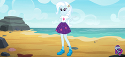 Size: 2304x1053 | Tagged: safe, trixie, equestria girls, fashion photo booth, g4, my little pony equestria girls: better together, beach, clothes, equestria girls logo, female, sci-twi skirt, skirt, solo