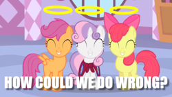 Size: 1280x720 | Tagged: safe, apple bloom, scootaloo, sweetie belle, g4, cutie mark crusaders, halo, image macro, innocent, meme, question